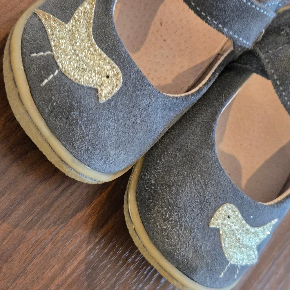 Livie & Luca Pio Pio Gray Suede Gold Glitter Bird Mary Jane Flats Girls Size 9c